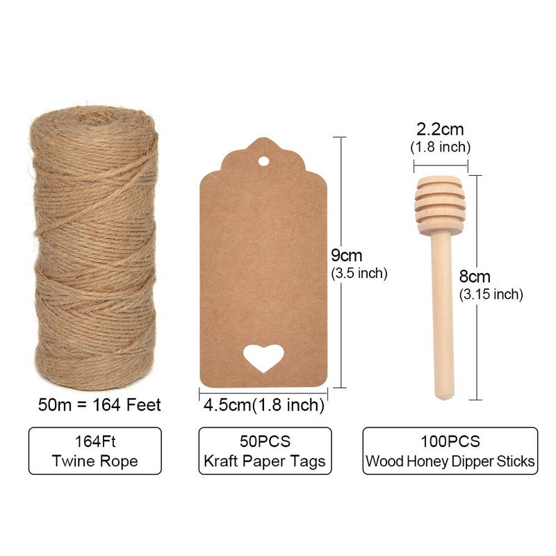 BNK 100Pcs 3 Inch Wood Honey Dipper Sticks with Natural Jute Twine & Kraft Paper Tags for Honey Jar Dispense Drizzle Honey Wedding Party Family by BNK - Image 2